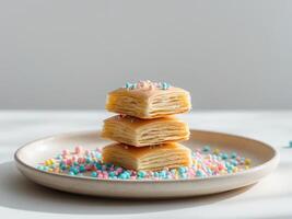 A stack of three pastries on a plate photo