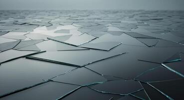 Broken glass on the ground with a gray sky photo