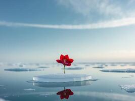 A single red flower is floating on top of ice photo
