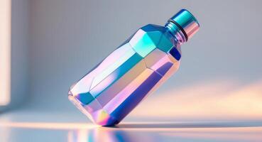 A bottle with a rainbow colored top sitting on a table photo