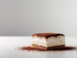 A piece of chocolate cake with a white background photo