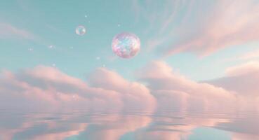 A pink sky with clouds and bubbles floating in it photo