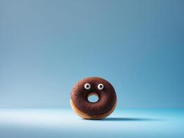 A chocolate donut with eyes on a blue background photo