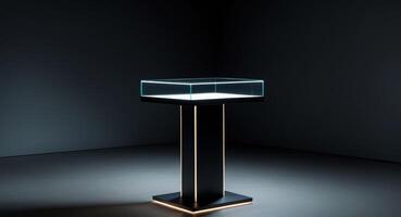 A black pedestal with a glass top and a light photo
