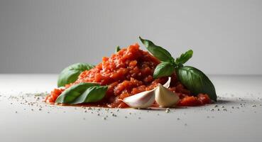 A pile of tomato sauce with garlic and basil photo