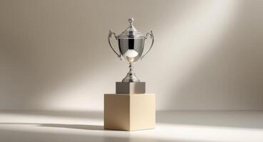A silver trophy on a pedestal with a light shining on it photo