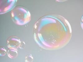 Iridescent Bubbles Floating Gently Against a Soft Grey Gradient Background. photo