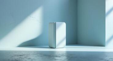 Minimalist White Object in a Corner Lit by Sunlight Architectural Abstraction. photo