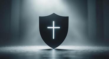 Shield with Glowing Christian Cross Symbol, Protection and Faith, Religious Concept. photo
