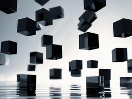 Abstract Composition of Floating Black Cubes Reflecting on a Water Surface, 3D Render. photo