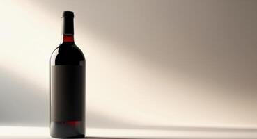 Elegant Still Life. Red Wine Bottle with Blank Label and Soft, Neutral Background photo