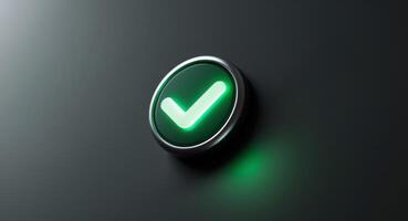 Green Glowing Check Mark Button with Silver Frame on Dark Background Illustration. photo