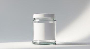 Empty Glass Pill Bottle with White Cap and Label on White Background, Clean Look. photo