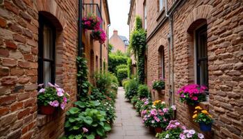 a narrow alleyway garden between old brick buildings where potted flowers bloom on every windowsill and balcony. photo
