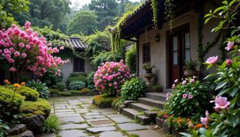 a quiet temple courtyard overgrown with moss and flowering shrubs, with fragrant blooms spilling over the stone borders. photo