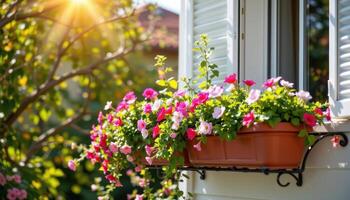 a balcony garden filled with planters of fragrant blossoms cascading over the railing under warm sunlight. photo