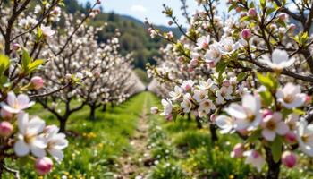 a serene orchard in spring where apple and peach blossoms fill the air with soft fragrance and delicate color. photo
