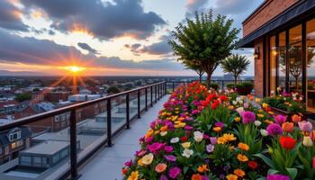 a rooftop garden filled with planters of tulips and petunias overlooking a sprawling cityscape at sunset. photo