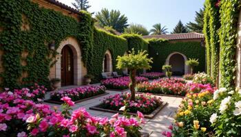 a serene courtyard surrounded by ivy covered stone walls, filled with gardenias and fragrant blossoms arranged in mosaic patterns. photo