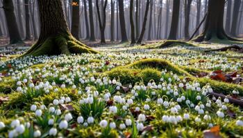 a moss covered forest floor blanketed in early morning mist and carpeted with clusters of delicate white snowdrops. photo