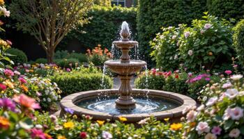 a stone fountain in the middle of a lush garden surrounded by flowering shrubs and softly buzzing blooms. photo