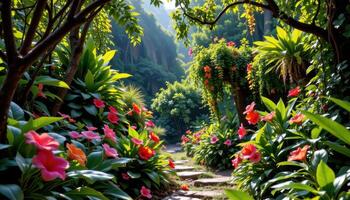 a jungle clearing filled with exotic flowering plants, vines, and brilliant colors beneath dappled canopy light. photo