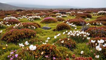 a highland bog with blooming mosses, heathers, and cotton grass stretching into the mist beyond. photo