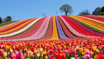 a broad hill covered with thousands of blooming tulips arranged in sweeping rainbow colored stripes. photo