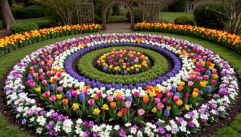 a circular garden arranged in geometric patterns of tulips, hyacinths photo