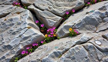 a craggy cliffside where resilient mountain blossoms emerge from between cracks in the rocks photo