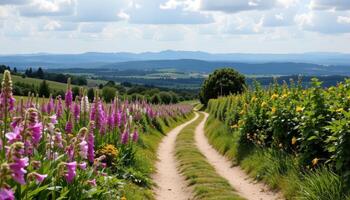 a winding country path bordered by dense hedgerows interspersed with blooming foxgloves, stretching toward distant blue hills. photo