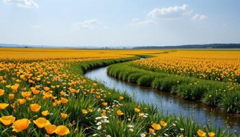 a river that winds through an open field of golden poppies, with small white flowers scattered like stars across the grass. photo