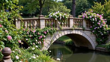 a stone bridge crossing a river, with flowering vines wrapped around the railings and spilling over the sides. photo