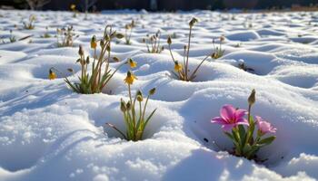 a frozen landscape where the first buds of wildflowers break through melting snow. photo