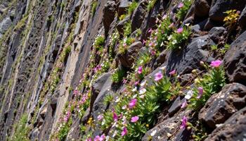 a steep canyon wall dotted with tough mountain flowers clinging to every small crack and rocky ledge. photo