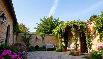a peaceful stone courtyard where climbing vines and bright flowers weave through wooden trellises beneath a soft blue sky. photo