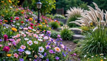 a gentle hillside garden filled with bellflowers, salvia, and softly waving ornamental grasses. photo