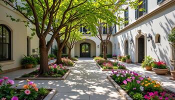 a tree shaded courtyard with flower beds built into the floor, blooming under scattered sunlight. photo