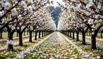 a quiet space between rows of flowering plum trees where soft petals gather like snow on the ground. photo
