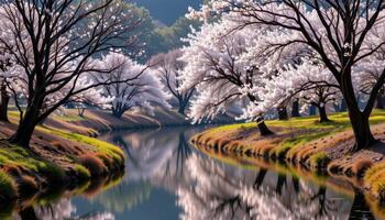 a riverbend with flowering trees reflecting perfectly in the slow moving water. photo