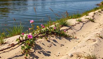 a sandy riverbank where flowering vines creep across the edge toward the water. photo
