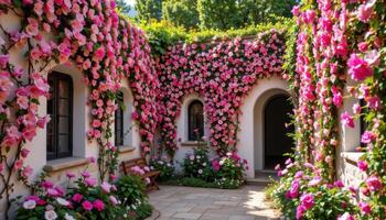 a courtyard where walls are completely covered in living blossoms forming a floral tapestry. photo