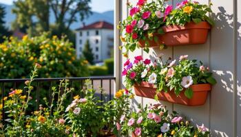 a sunlit balcony garden with vertical planters overflowing with blossoms from top to bottom. photo