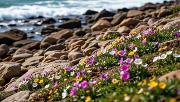 a rocky inlet with flowers blooming between the tide washed stones as waves crash nearby. photo