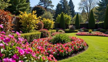 a crescent shaped garden bordered by flowering shrubs and layered flower beds that follow the curve. photo
