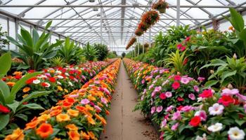 a greenhouse filled with tropical flowering plants arranged in rows of increasing size and color. photo