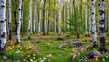 a wide clearing in a birch forest where colorful flowers bloom between tree trunks wrapped in silver bark. photo