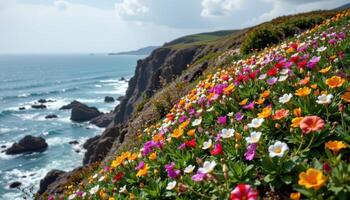 a windswept garden on a cliff where flowers bloom sideways from the ocean gusts. photo