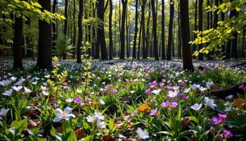 a small patch of forest where sunlight breaks through to a blooming understory of woodland flowers. photo