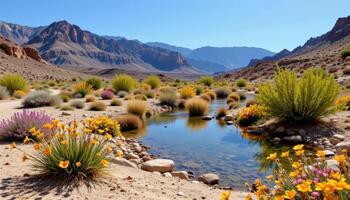 a high desert oasis where rare flowers grow beside a crystalline spring. photo